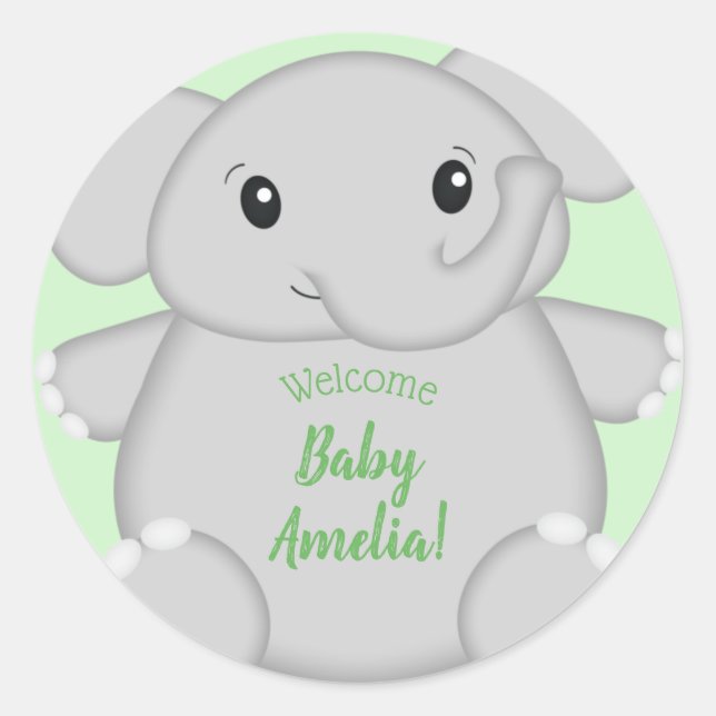 Sticker Rond Baby shower vert éléphant (Devant)