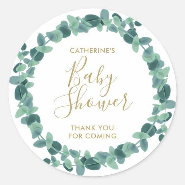 Sticker Rond Baby shower vert Eucalyptus (Devant)
