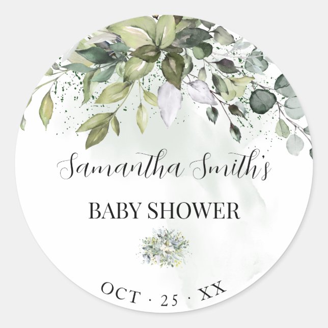 Sticker Rond Baby shower vert Eucalyptus Neutre (Devant)