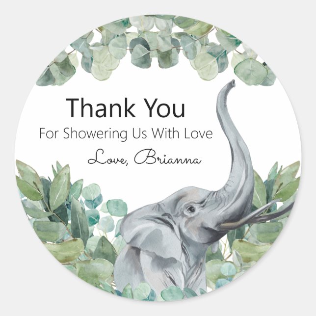 Sticker Rond Baby shower vert gris éléphant Merci (Devant)