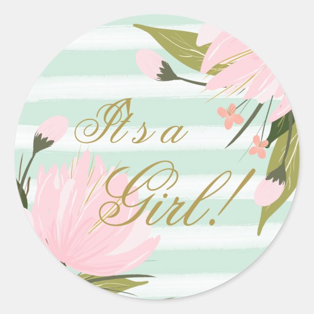 Sticker Rond Baby Shower Vert Menthe et Rose (Devant)