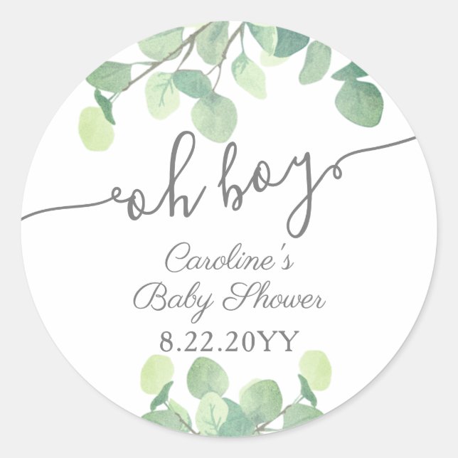 Sticker Rond Baby shower vert moderne Eucalyptus Oh Boy (Devant)