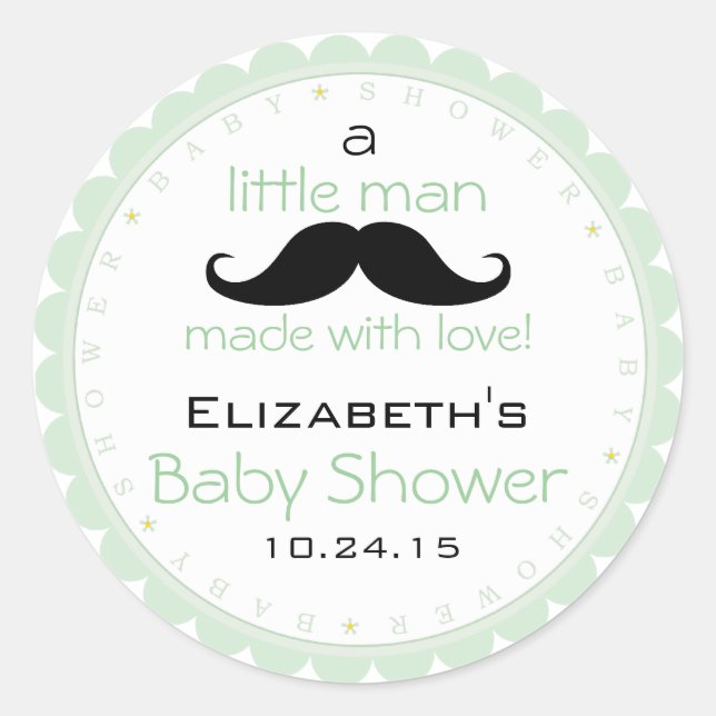Sticker Rond Baby shower vert Mustache Sage (Devant)