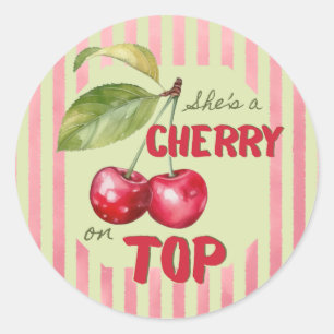 Sticker Rond Baby Shower Vintage à rayures Cerise de Jardin