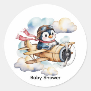 Sticker Rond Baby Shower Vintage Airplane Penguin Garçon