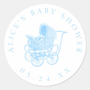 Sticker Rond Baby shower vintage Blue Baby Carriage