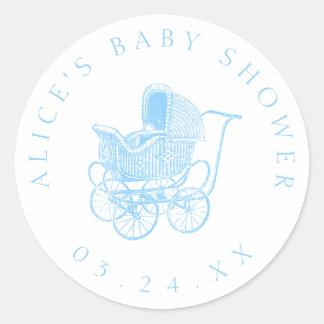 Sticker Rond Baby shower vintage Blue Baby Carriage