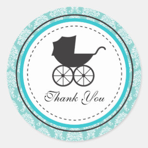 Sticker Rond Baby shower vintage Damask Baby Carriage
