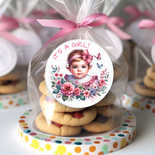 Sticker Rond Baby shower vintage de la petite fille C'est une