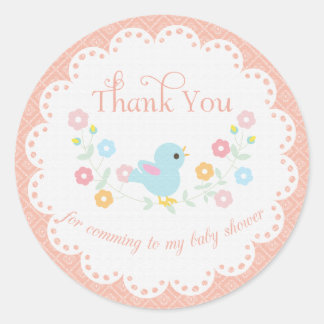 Sticker Rond Baby shower vintage d'oiseaux et de fleurs Merci d