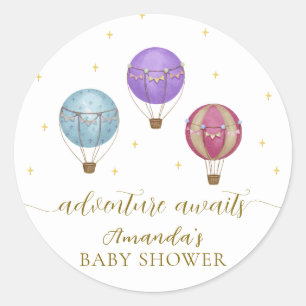 Sticker Rond Baby shower Vintage Gold Elegant Hot Air Balloon