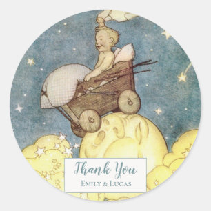 Sticker Rond Baby shower vintage Lune et étoiles