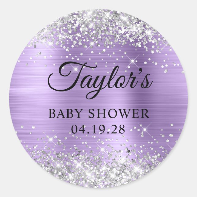 Sticker Rond Baby Shower Violet Clair Pailleté Argentée (Devant)