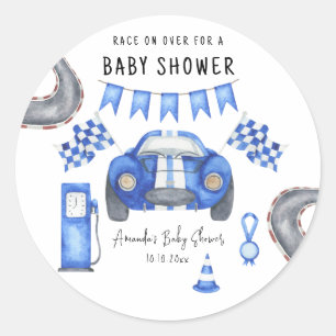 Sticker Rond Baby Shower Voiture de Course Aquarelle Bleue