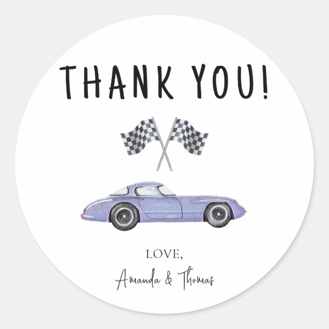 Sticker Rond Baby shower voiture de course - merci (Devant)