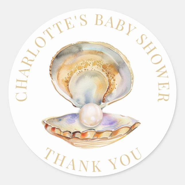 Sticker Rond Baby shower Watercolor Ocean Little Pearl (Devant)