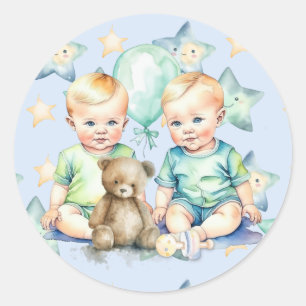 Sticker Rond Baby shower Watercolor Twin Boys
