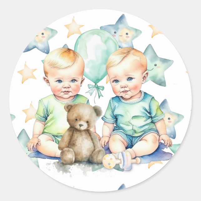 Sticker Rond Baby shower Watercolor Twin Boys (Devant)