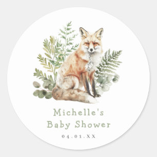 Sticker Rond Baby shower Watercolor Woodland Fox