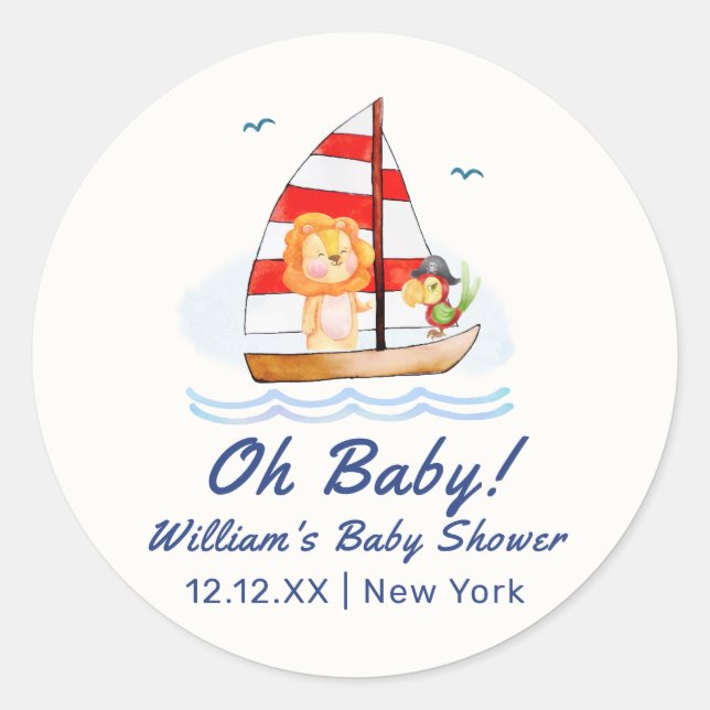 Sticker Rond Baby shower Whimsical Nautical Wild Lion (Devant)