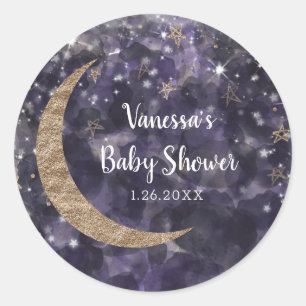 Sticker Rond Baby shower Whimsical Purple Gold Moon Stars