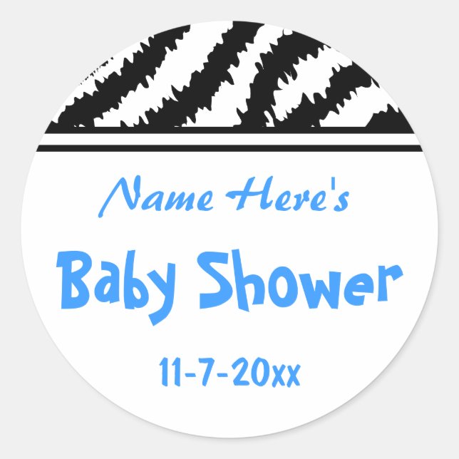 Sticker Rond Baby shower Zebra Pattern. Bleu, noir et blanc. (Devant)