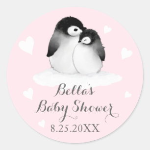 Sticker Rond Baby showers de pingouins roses