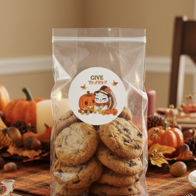 Sticker Rond Baby Turkey And Pumpkin Celebrating Thanksgiving  (Créateur téléchargé)