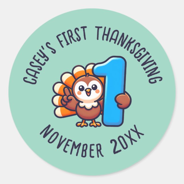 Sticker Rond Baby's 1st Thanksgiving Custom Name & Year Turkey (Devant)