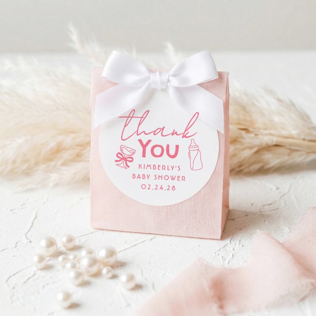 Sticker Rond Baby's Bottle and Champagne Funny Thank You (Pink Funny Whimsical Thank You Stickers With Champagne Glass Bow and Baby's Bottle)