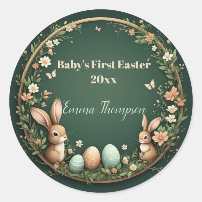Sticker Rond Baby's First Easter Spring Wreath Woodland Animals (Devant)