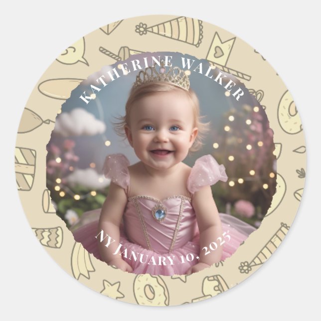 Sticker Rond BABYSHOWER pastel beige bunny cute party photo (Devant)