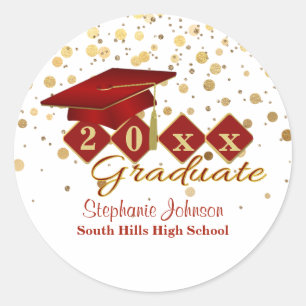 Sticker Rond Bac de diplôme Red Gold Confetti Personnalisé