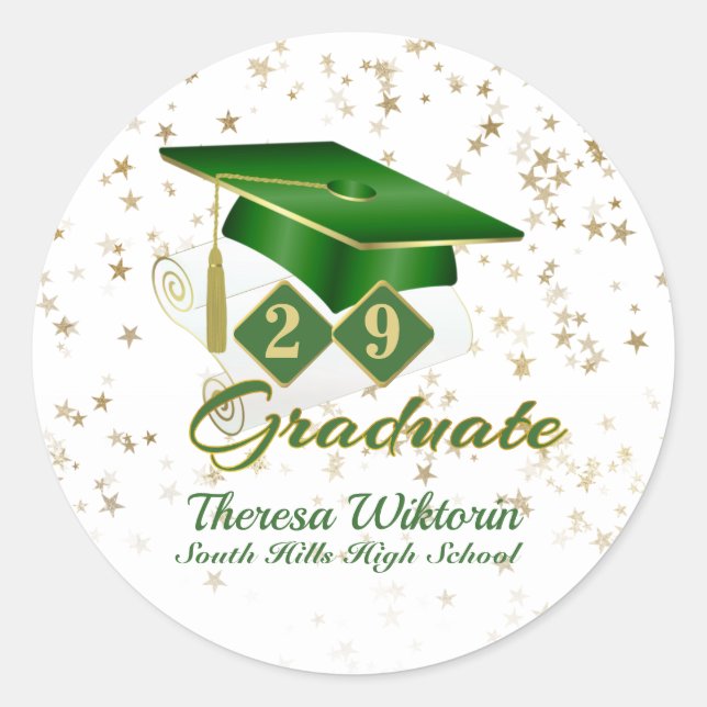 Sticker Rond Bac de graduation Green Gold Stars Personnalisé (Devant)