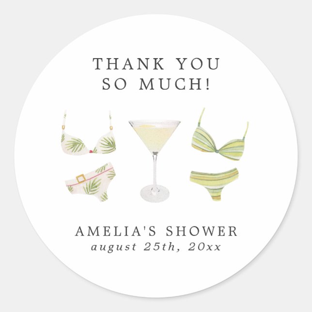 Sticker Rond Bachelorette Fête des mariées Bikinis & Martinis (Devant)