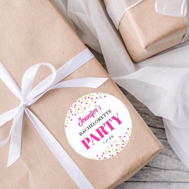 Sticker Rond Bachelorette Party Glam Pink Gold Dots Round (Créateur téléchargé)