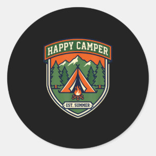 Sticker Rond Badge de campeur heureux tente montagne feu de cam