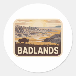 Sticker Rond Badge Vintage Bison du Parc national des Badlands