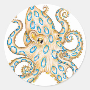 Sticker Rond Bague bleue Octopus sur encre blanche