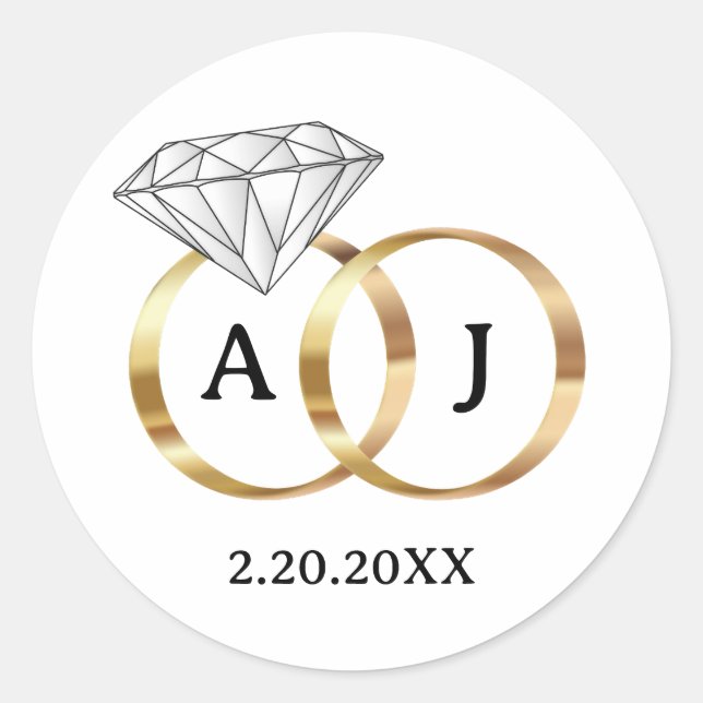 Sticker Rond Bagues de mariage diamant blanc et or monogramme (Devant)