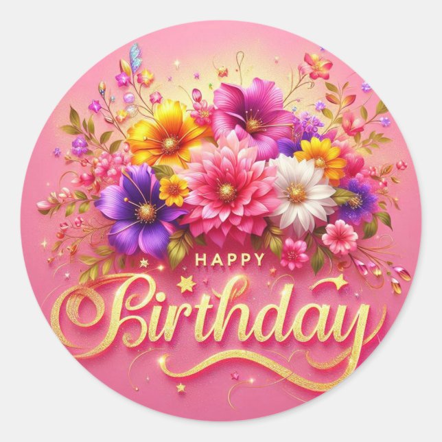 Sticker Rond Baguette d'anniversaire florale : rose (Devant)