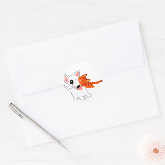 Sticker Rond Baguette de dessin mignonne Terrier et chaton