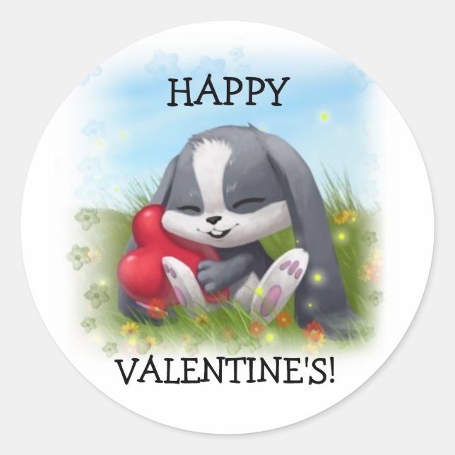 Sticker Rond Baguette de lapin de dessin de Saint-Valentin (Devant)
