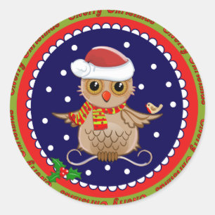 Sticker Rond Baguette de Noël joyeux avec Père Noël Owl