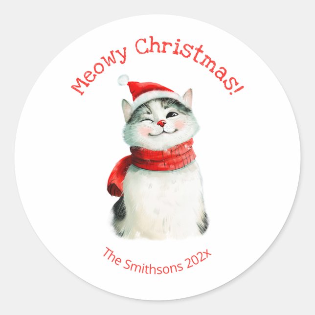 Sticker Rond Baguette de Noël moelleuse Meowy Chat (Devant)