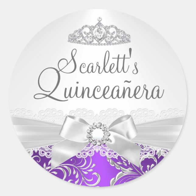 Sticker Rond Baguette de Quinceanera pourpre Tiara & Bow (Devant)