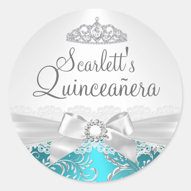 Sticker Rond Baguette de Quinceanera Turquoise Tiara & Bow (Devant)