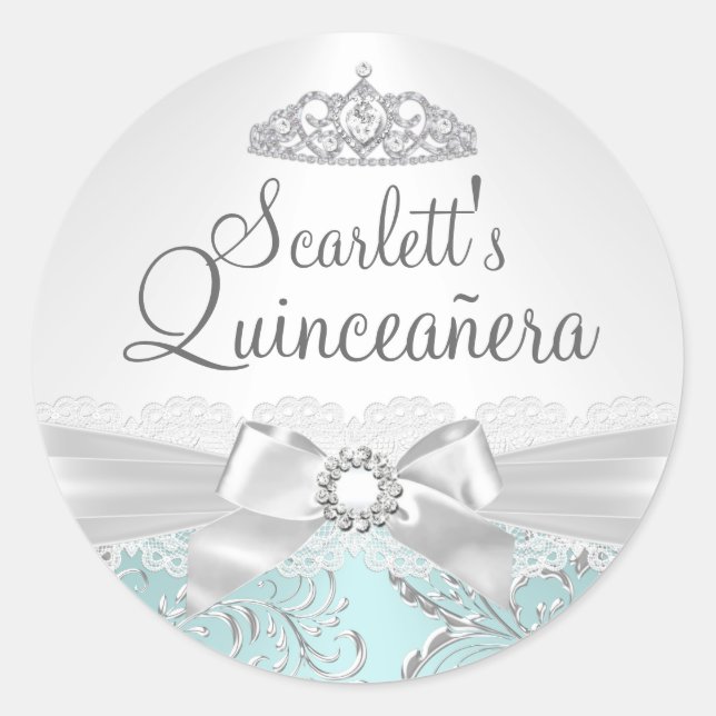 Sticker Rond Baguette de Quinceanera Turquoise Tiara & Bow (Devant)