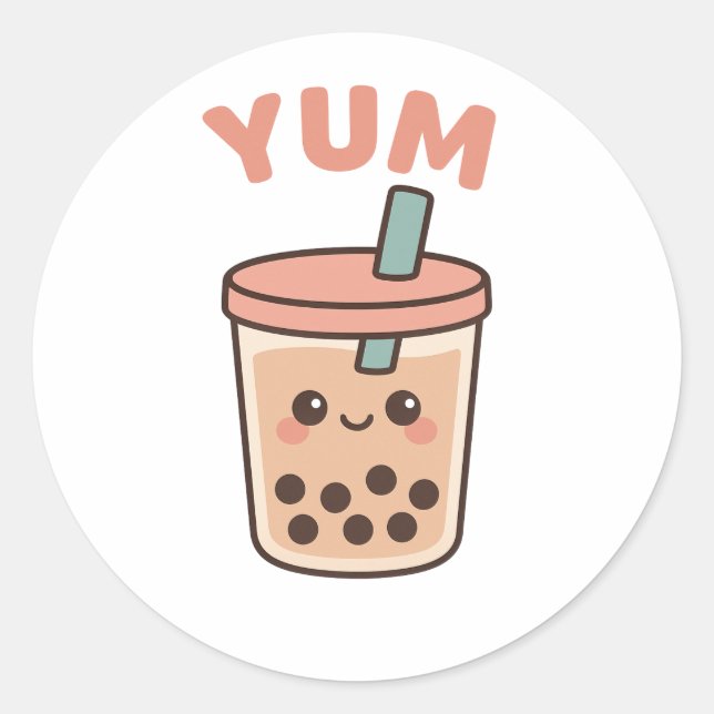Sticker Rond Baguette de thé à bulle Cute Kawaii Boba "Yum" (Devant)