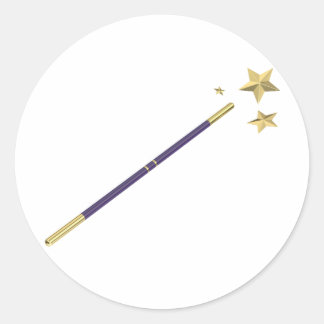 Sticker Rond Baguette magique violette avec trois étoiles d'or